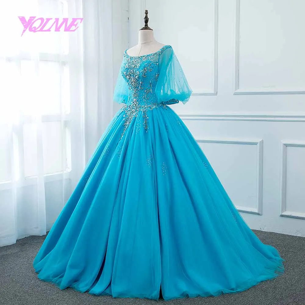 YQLNNE синий бальный наряд бальные платья Quinceanera кристаллами vestidos de 15 сладкий 16 платье; женская обувь на шнуровке с свободная Пышная юбка