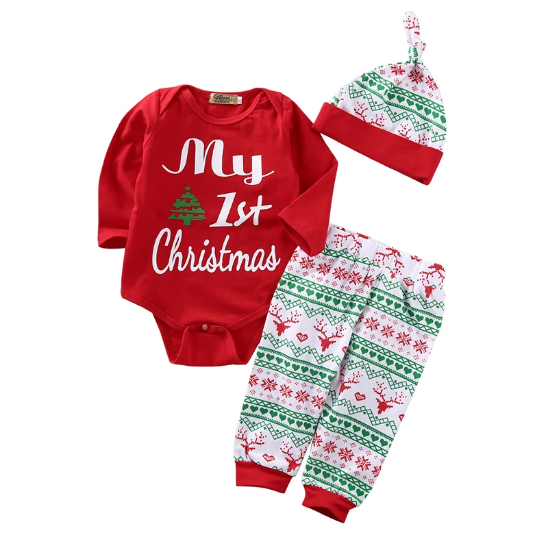 Коллекция года, Рождественская Одежда для новорожденных мальчиков и девочек комбинезон с длинными рукавами, штаны, леггинсы, шапка, комплект из 3 предметов Bebek Giyim