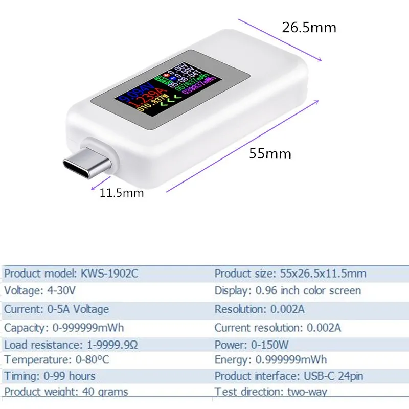 Цветной дисплей usb type-C тестер 0-5A ток 4-30 в напряжение Цифровой коннектор зарядное устройство розетка розеточный тестер 40% ВЫКЛ