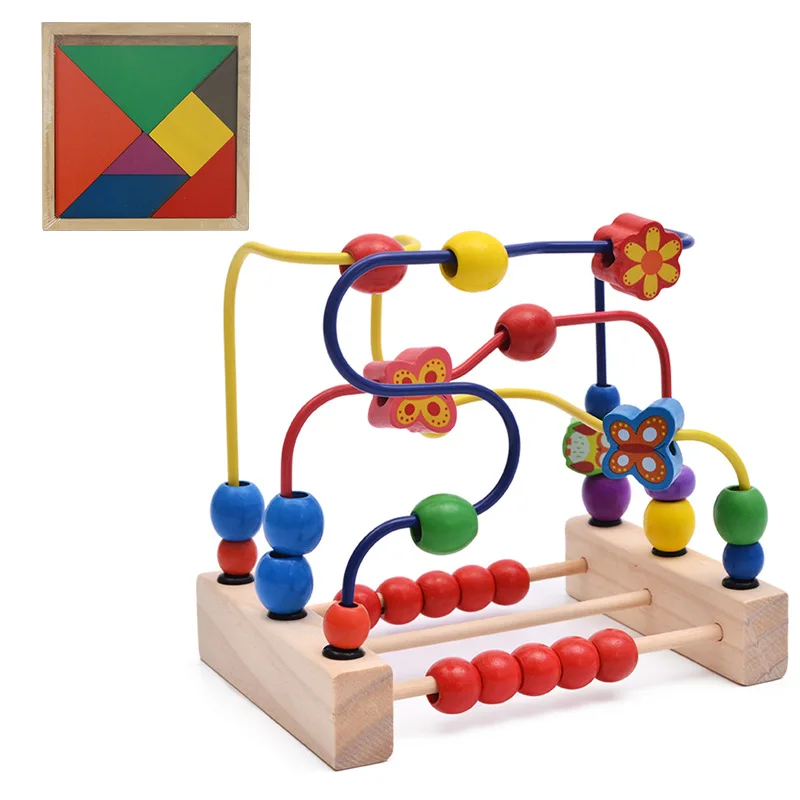 Wooden beaded toy three line flower bird round bead frame early