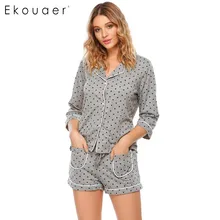 Ekouaer повседневные пижамы Лето Dot печати и пуговицы рубашки упругие талии шорты пижамный комплект Женские воротник с лацканами женский пижамы наборы