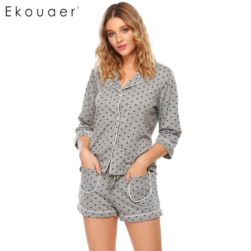 Ekouaer Casual Sleepwear Summer Dot Print Button Shirts Elastic Waist