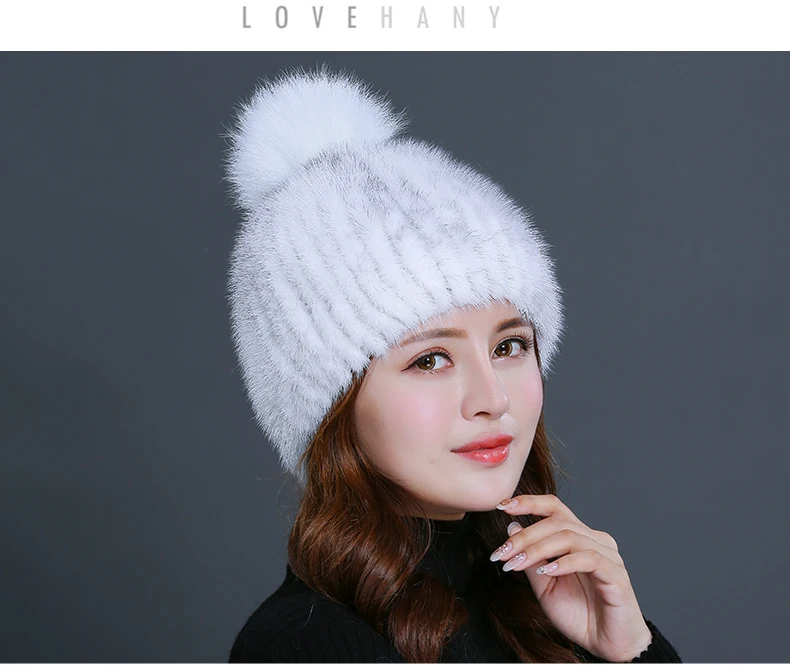 Winter hats Real Mink Fur Fat For Women Knitted Natual fur Beanies Female Thick Warm With Hat Fox Fur Pompom RC1349 (18)