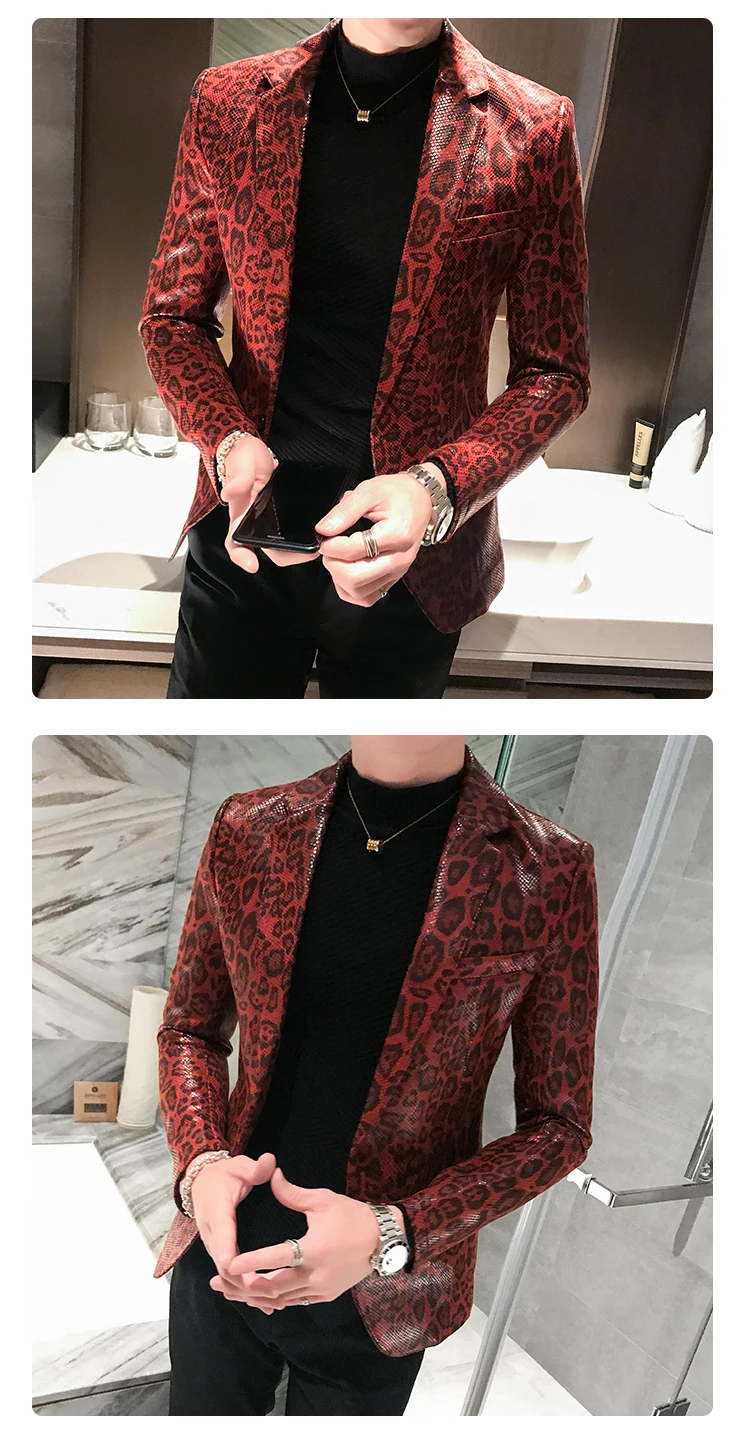 Autumn Leopard Print Mens Blazer Skin Suit Jacket Leather Stage Costumes For Singers Loose Coat Blaser Homens Terno Masculino