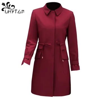 

UHYTGF 2019 Fashion Women Thin Trench Coat Mother spring Windbreaker Patchwork Lace Long Trench Coat Slim Plus Size Wind coat163