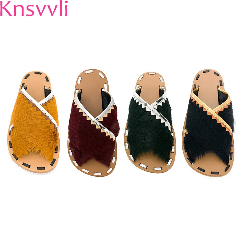 

Summer Genuine Leather Black Mink Hair One Word Slippers Woman Cross Belt Flat Casual Fashion Beach Shoes Mules Shoes Women