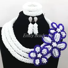 Фантастический белый/ярко-синего цвета в нигерийском стиле Кристалл Бусины комплект ювелирных изделий Африканский Свадебный Цепочки и ожерелья цветок для невесты aij975