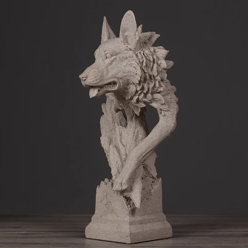  Wolf Head Bust Sculpture Animal Shape Living Room Bedroom TV Stand Sandstone Crafts Home Interior D - 32966260879