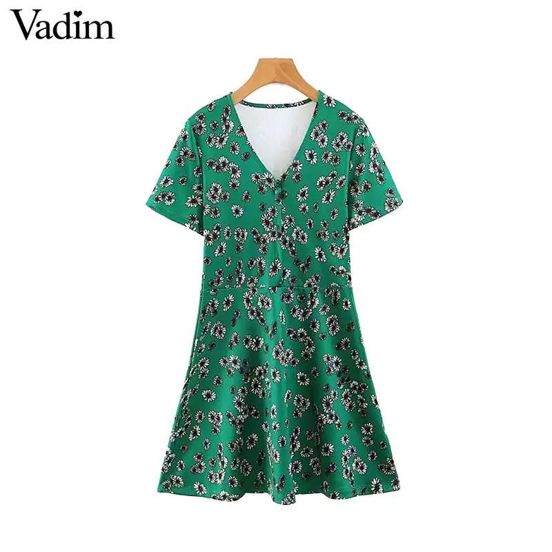 

Vadim women stylish V neck floral print mini dress short sleeve pleated slim fit female casual chic A line mini dresses QB651