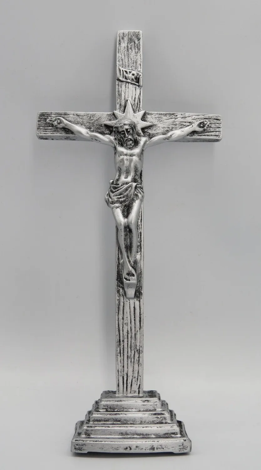 Download Aliexpress.com : Buy Resin Cross stand with Crucifix Antique Silver Finish Religious Figure ...