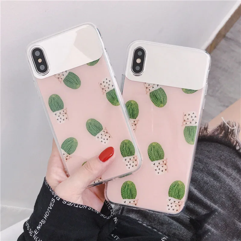 JIBAN Fashion Mirror Cactus Phone Case For Iphone X XR XS Max Soft IMD Smooth Cases Gradient Back Cover 6 6S 7 8 Plus |