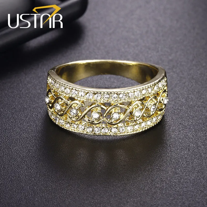 

USTAR Hollow out CZ Crystals Wedding Rings for women Finger Engagement Rings Female jewelry Accessories Anel