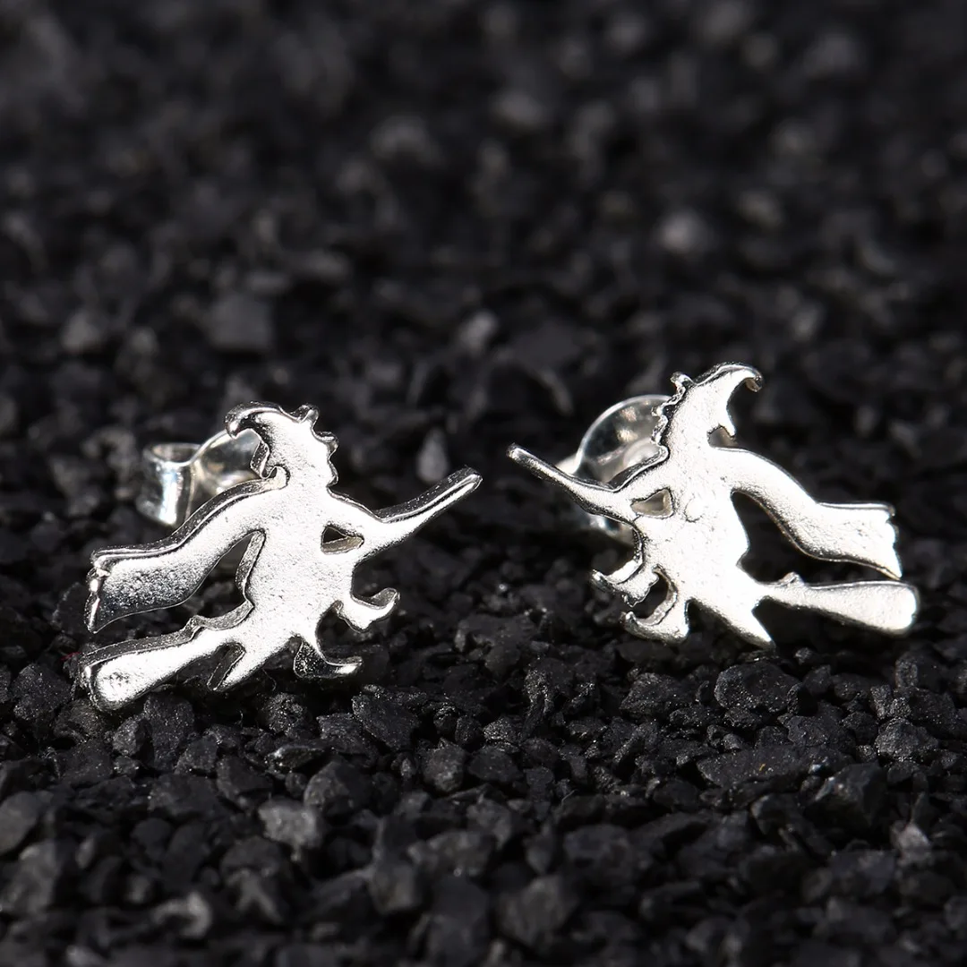 

Halloween Witch Broom Earrings Silver Color Cute Mini Flying Witch Stud Earring For Women Simple Ear Jewelry Shellhard Ear Studs