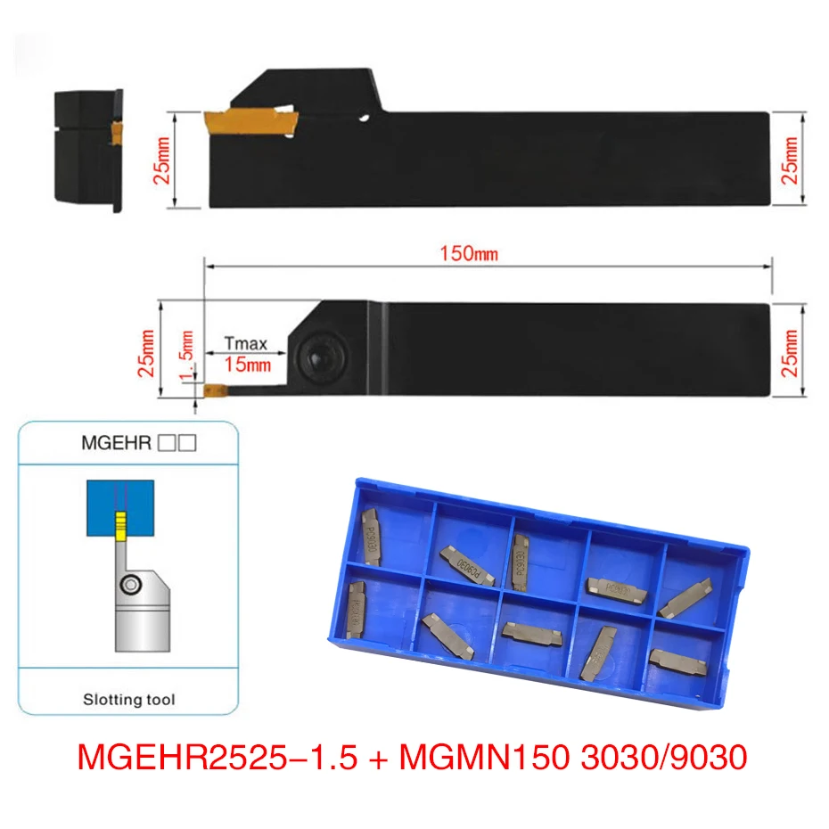 

10pcs MGMN150 Carbide Inserts Golden Blades + 1pc MGEHR2525-1.5 MGEHL2525-1.5 Turning Tool Holder Boring Bar with Wrench