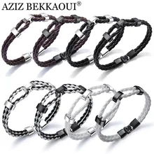 AZIZ BEKKAOUI черный браслет мужской из натуральной кожи модный мужской драгоценный камень из нержавеющей стали кожаные мужские браслеты