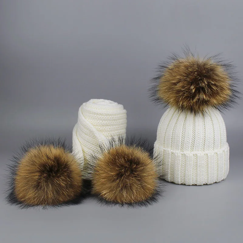 Детские вязанные шарф и шапка, комплект с помпонами, Роскошные зимние теплые вязаные шапки и женские зимние шарфы, лыжная шапка с помпоном - Цвет: White 3balls