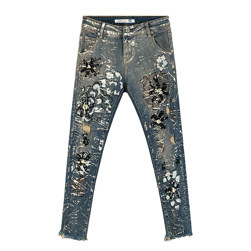 

Summer Spring Women Painted Floral Sequined Tassel Denim Cross- pants , Spring Casual Jeans Stretch Trousers For Woman