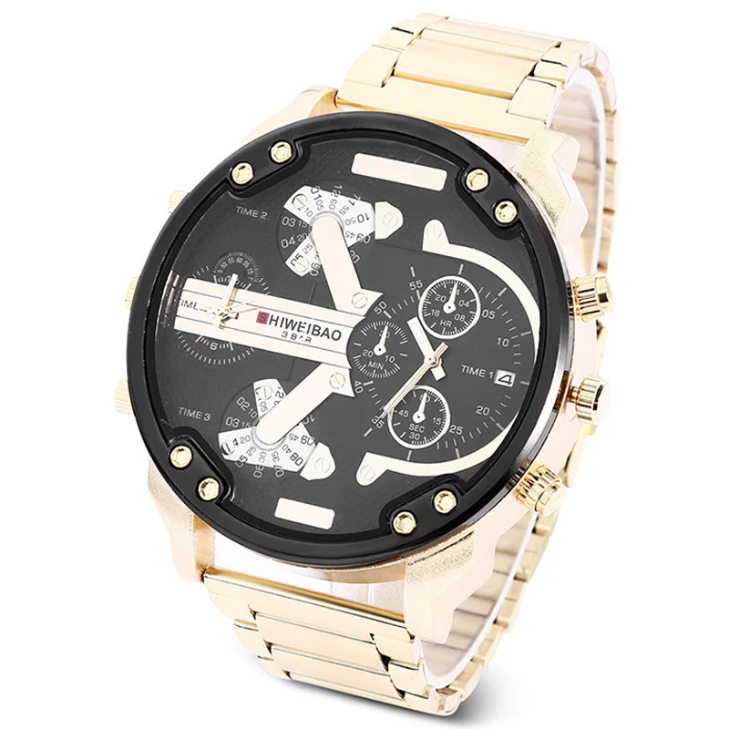 dz style military watches for men dual tiome zones golden steel band cool big case mens watches quartz wrist watch man (4)