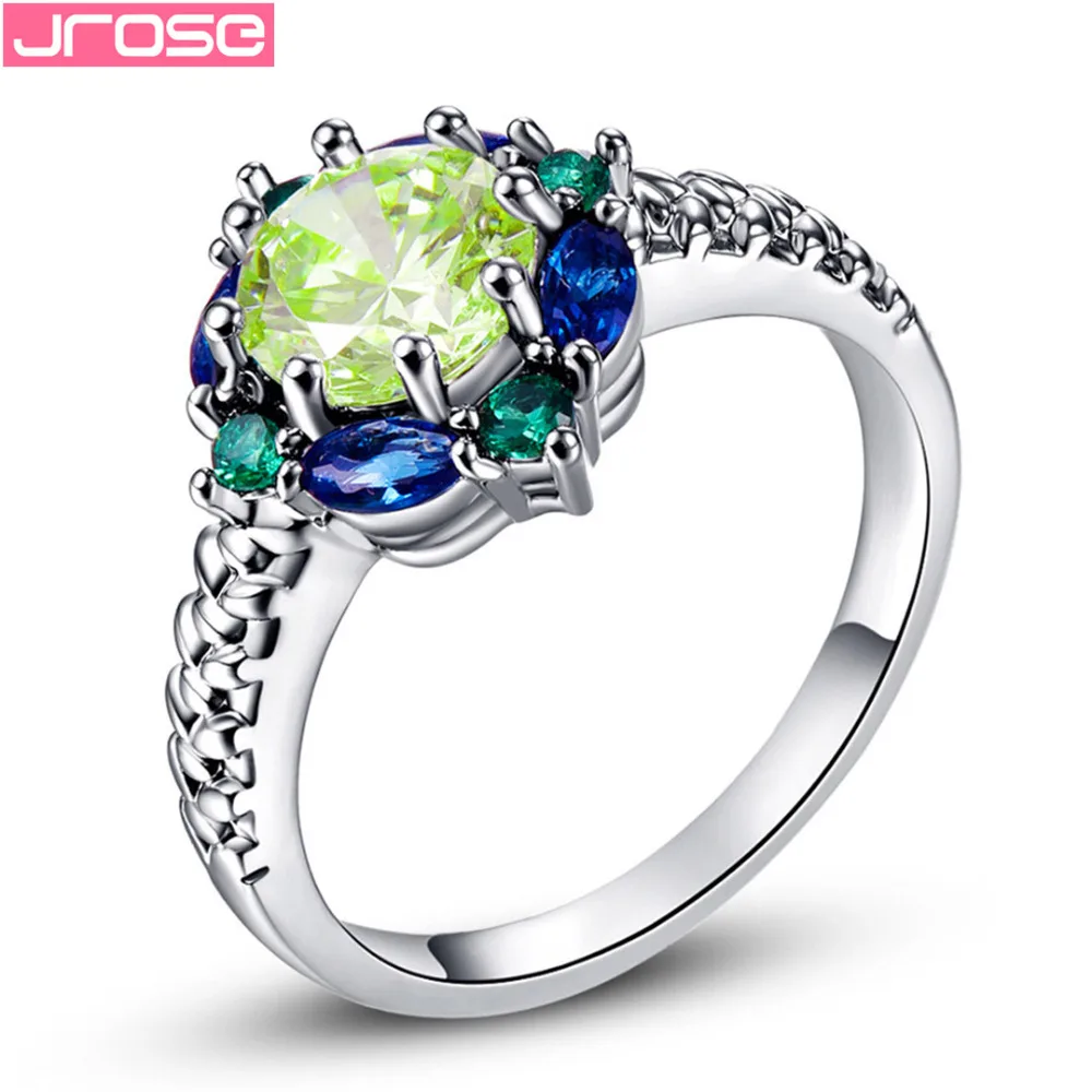 

JROSE Wholesale Hot Engagement Round Cut Blue & Green CZ White Gold Color Ring Size 6 7 8 9 10 11 12 13 Hot Sale Fashion Jewelry