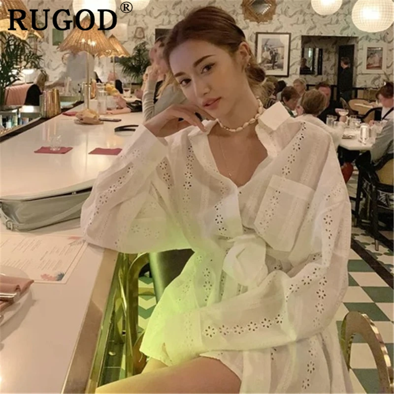 Женская Длинная блузка RUGOD белая Свободная с длинным рукавом и поясом в Корейском