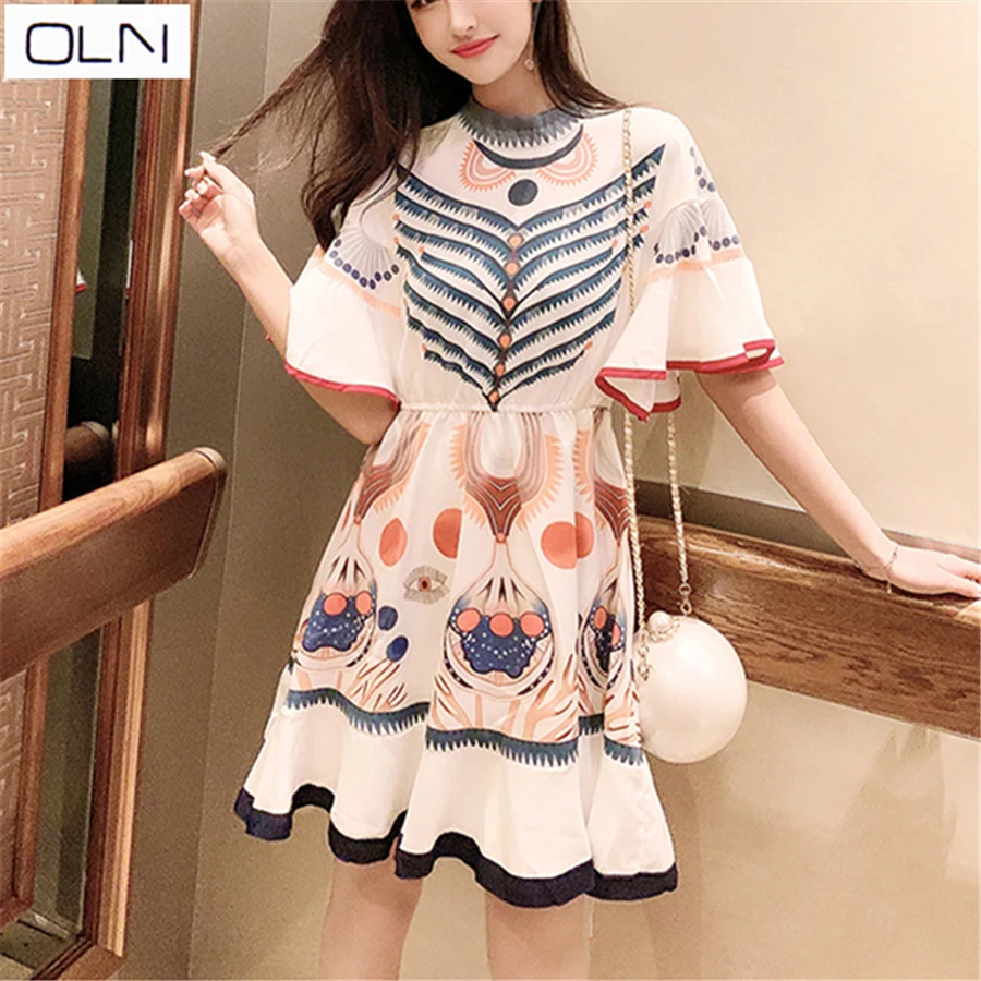 

Vestidos Korean OLN Dress Summer new fashion Royal sister print dress short-sleeved dress female