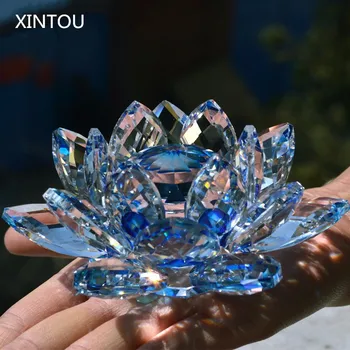 

XINTOU Crystal Glass Lotus Flower Figurine Blue Feng shui Home Wedding Decor arts & Crafts Ornaments Christmas Sale Souvenirs