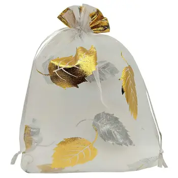 

100pcs Sheer Organza Favor Bags 13x18cm For Wedding Bags Samples Display Drawstring Pouches (white-gold leaf)