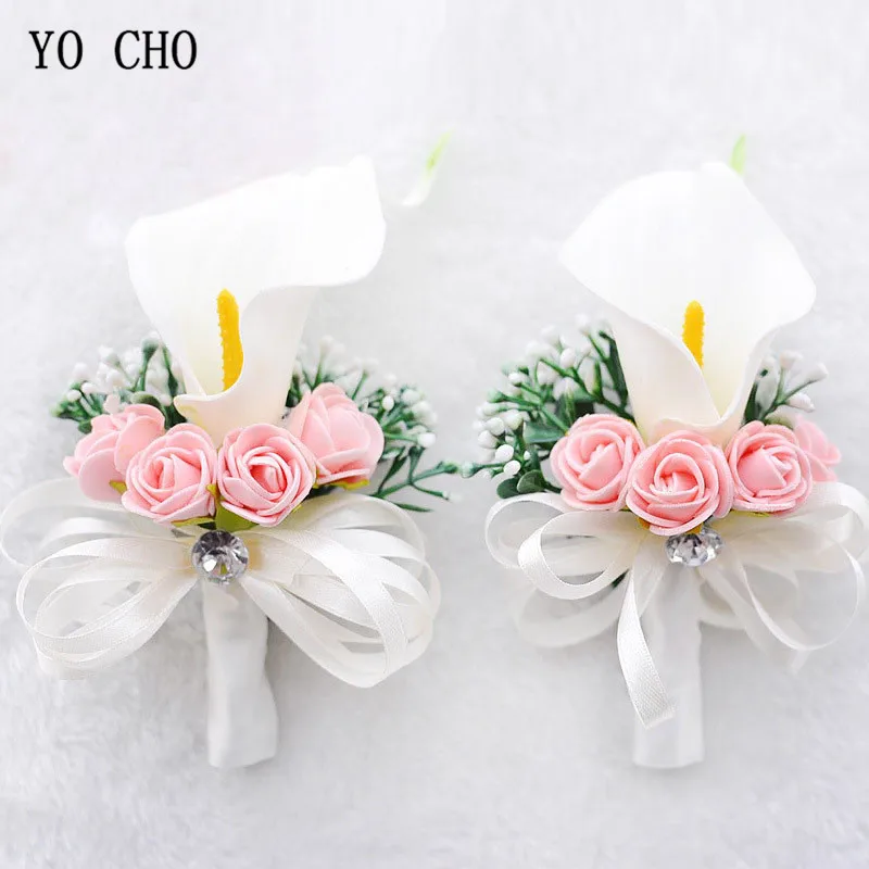 

YO CHO Boutonnieres Roses Wrist Flower for Bride White Pink Wrist Corsages Bracelet Calla Lily Boutonniere Groom Wedding Corsage