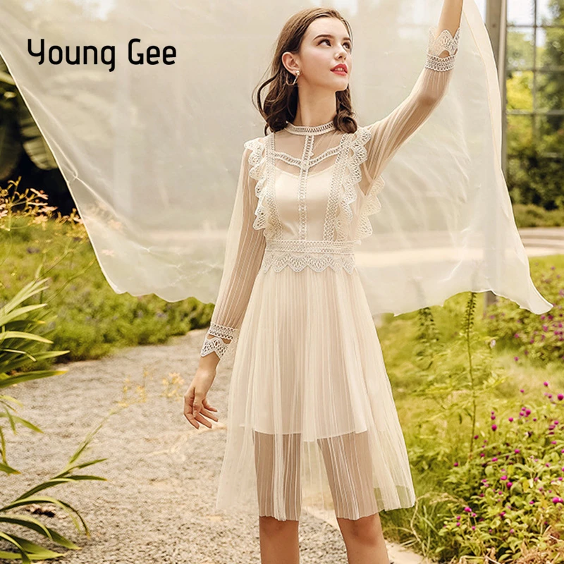 Вечернее сетчатое платье Young Gee весна лето 2019 кружевное цветочное средней длины с