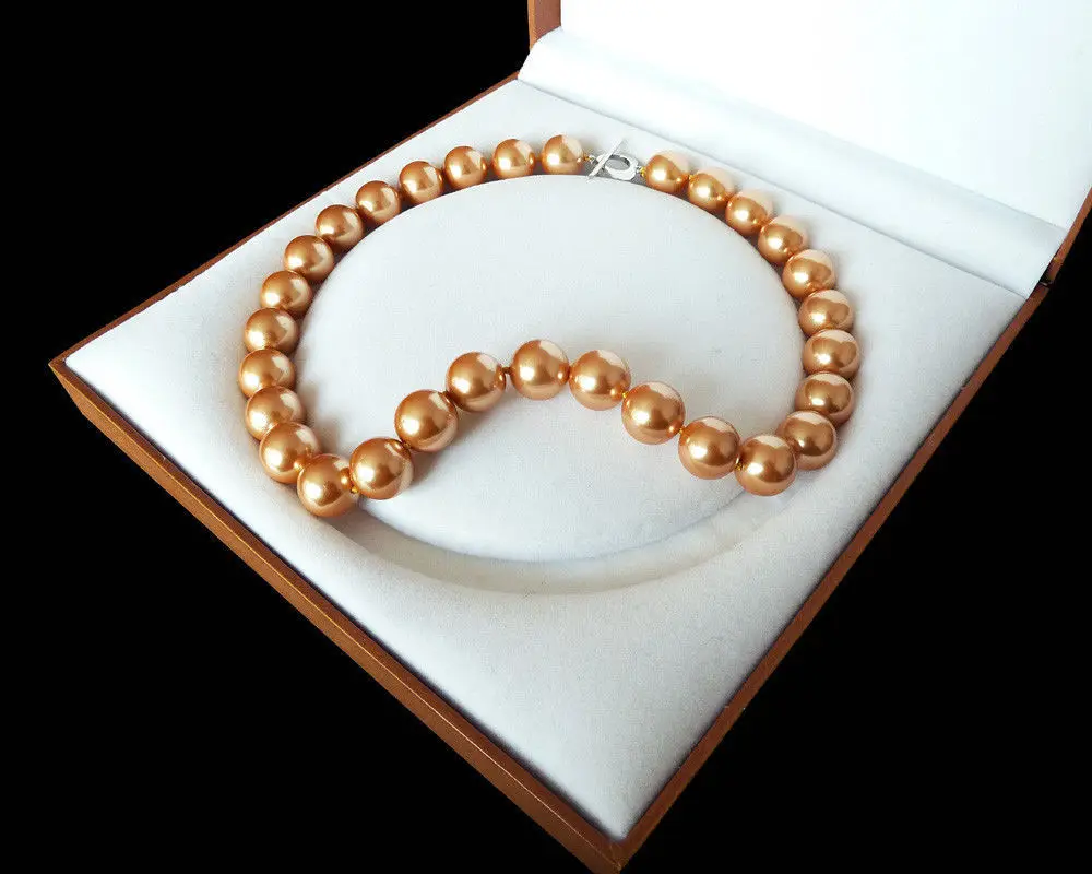 

Rare Huge 12mm Genuine South Sea Champagne Shell Pearl Necklace Heart Clasp 18''