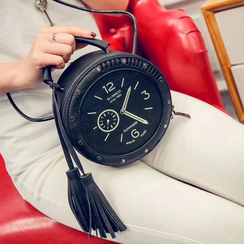New Women Tassel Clock Shoulder Bag INS Popular Fashion Female Circle Handbag Mini Travel Lady Rivet PU Handle Crossbody SS3483 (4)