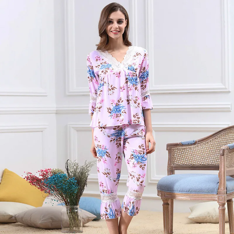 Hot Sale Long Sleeved Ladies Pajamas Set Cotton Pyjamas Women Pijama Floral Print Sleepwear