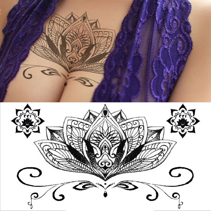 

1pc new Chest Flash Tattoo large black flowers shoulder arm Sternum tattoos henna body/waist paint Under breast skull Black Fire
