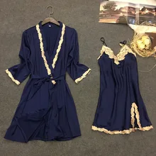 Женский комплект для сна, женский халат и халат, новинка, сексуальный женский шелковый атлас, женские пижамы, одежда для сна и халаты, ночная рубашка, комплект из 2 предметов