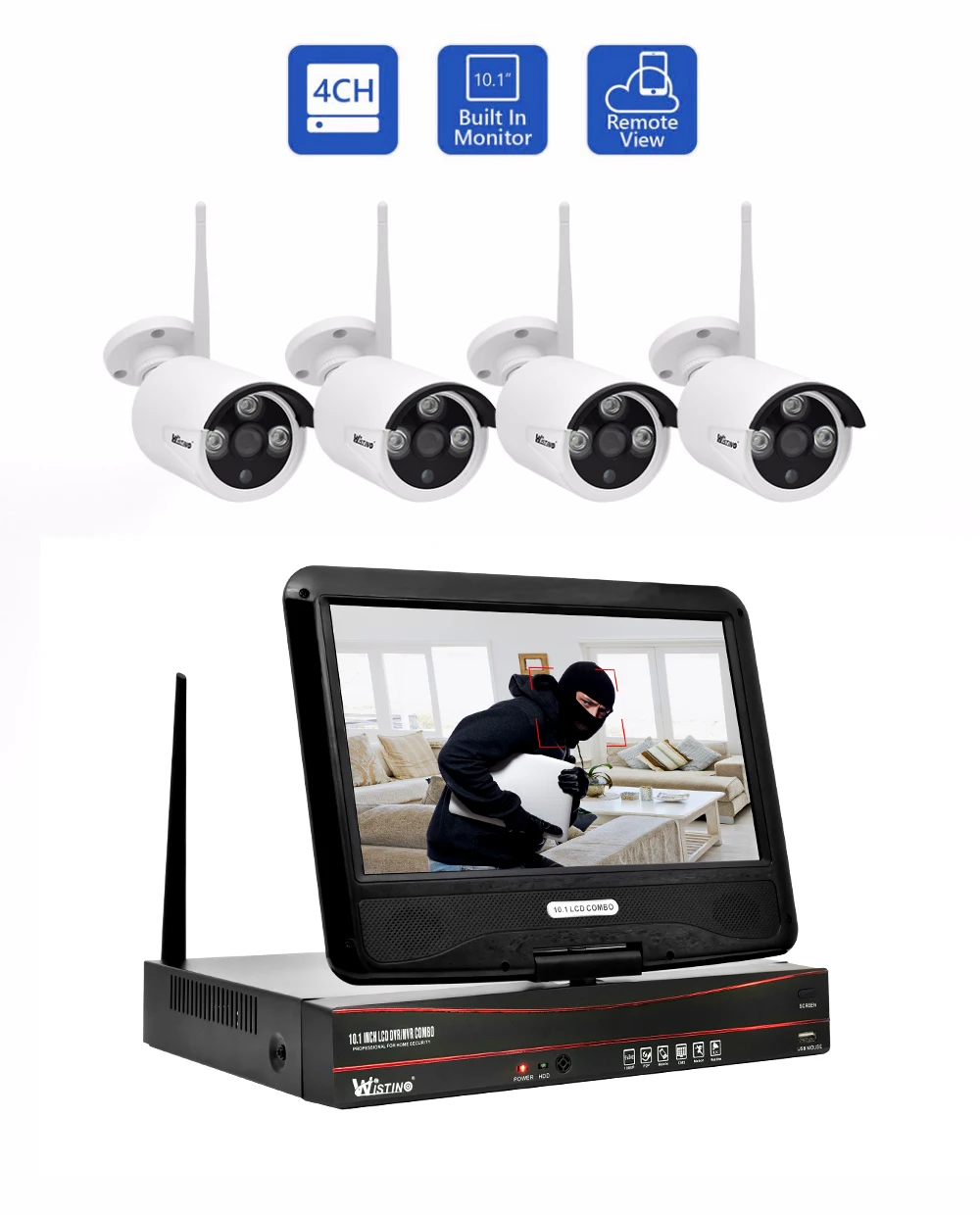 Wistino 960P CCTV System Kit Wireless 4CH NVR Security IP Camera Wifi Outdoor P2P Monitor Kits IR LCD Screen Surveillance Cam (2)