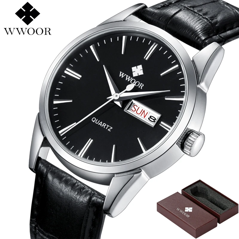 Brand Luxury Men's Watch Date Day Genuine Leather Strap Sport Watches Male Casual Quartz Watch Men Wristwatch Famous WWOOR Clock