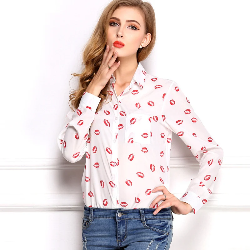 Casual Shirt Women Spring Summer 2014 Long Sleeve Chiffon Shirts Printed Lips Blouse Tops Blusas Femininas Free Shipping |