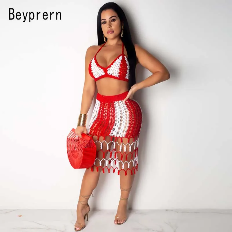 

Beyprern Sexy Backless Striped Fishnet Skirt Set Women Summer Knitted Bustier Crop Top And Bikini Set Beach Wear Wholesale