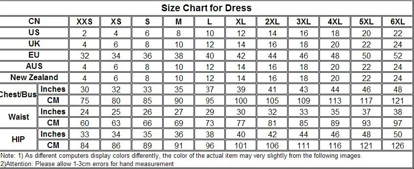 Size Chart for dress