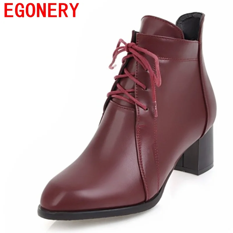 

egonery causual ankle boots woman thick mid height heel laced up dark red pointed toe shoes good quality woman party high heels