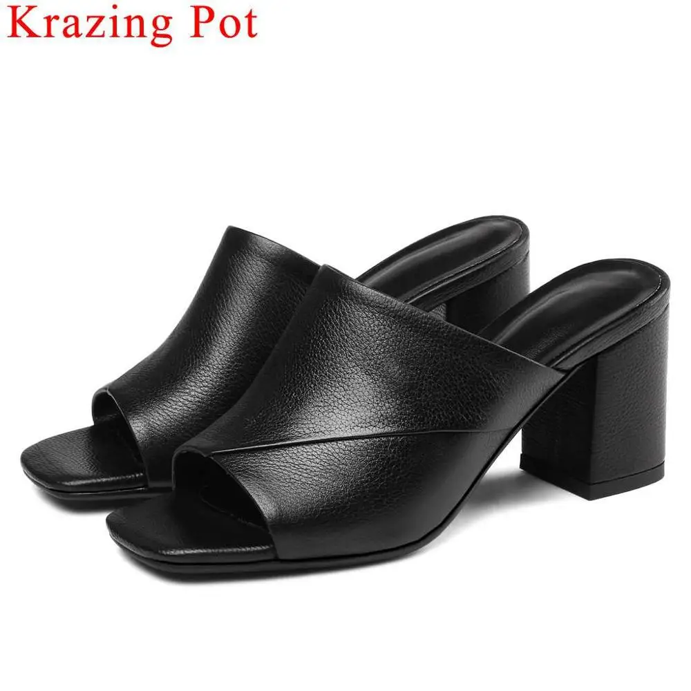 

Krazing Pot genuine leather slip on sandals thick high heels vintage peep toe office lady clubwear gathering summer shoes L0f8