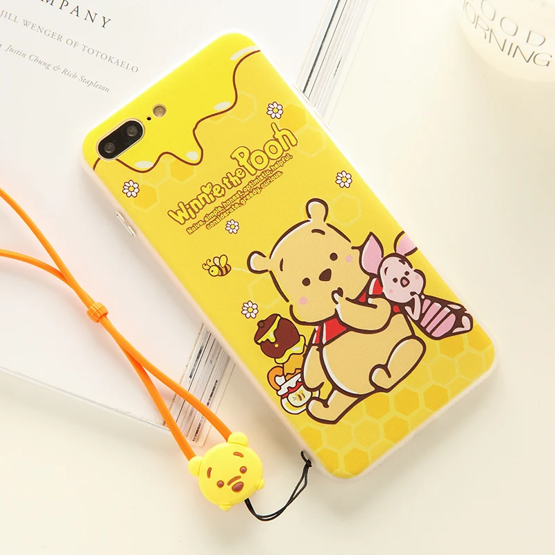 For iPhone X cartoon Winnie bear case for 6 6s plus relief pattern cute animal phone cover 7/8 hard + strap |