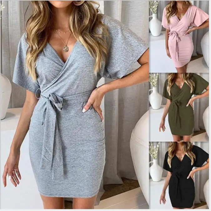

Backless Women Dress Bowknot Lace Up Solid Deep V Neck Criss Cross Short Sleeves Mini Female Dresses Black OL Slim Hip Vestidos