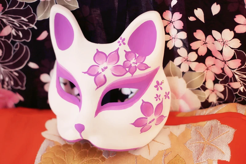 

Upper Half Face Japanese Style Hand Painted Cosplay Fox Mask Masquerade Red Purple Sakura For Carnival Party Halloween
