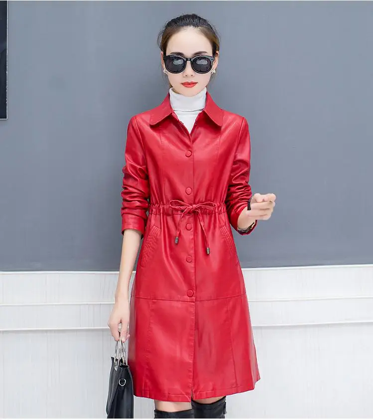 

2018 Spring And Autumn New Leather Solid Color Long Section Korean Large Size Women's Pu Leather Trench Coat Autumn Coat M-4xL