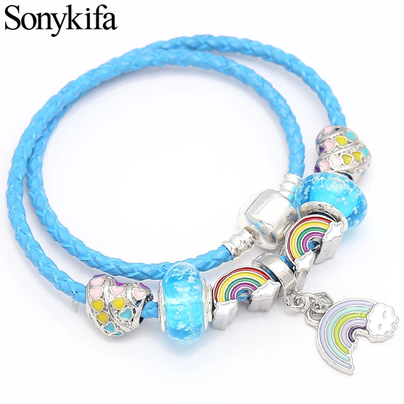 

Sonykifa Summer Style Crystal Beads Charm Bracelet With Rainbow Pendant DIY European Leather Fine Bracelet Women Dropshipping