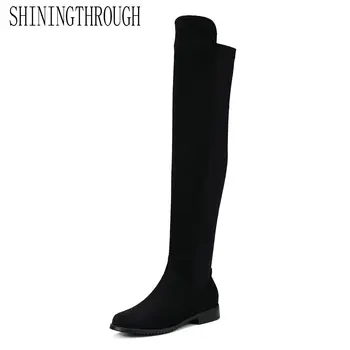 

SHININGTHROUGH 2018 NEW Sucrb Leather Women Over The Knee Boots Sexy Hoof Heels Women Shoes Soild Winter Warm Size 34-43