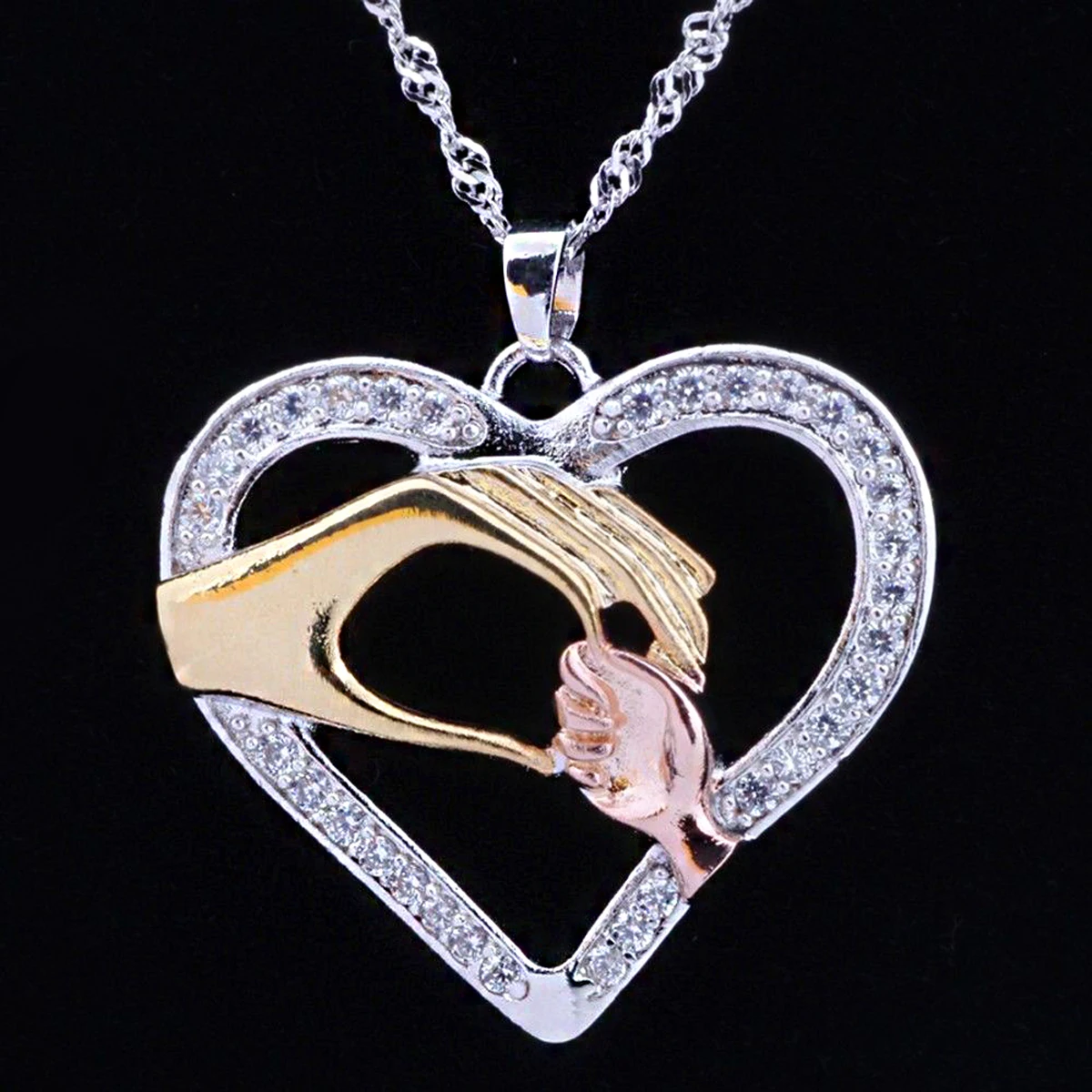 Vintage Collare Mother Child Necklaces Shellhard Crystal Hand in Hand Heart Shaped Pendant Necklace Love Family Jewelry Gift