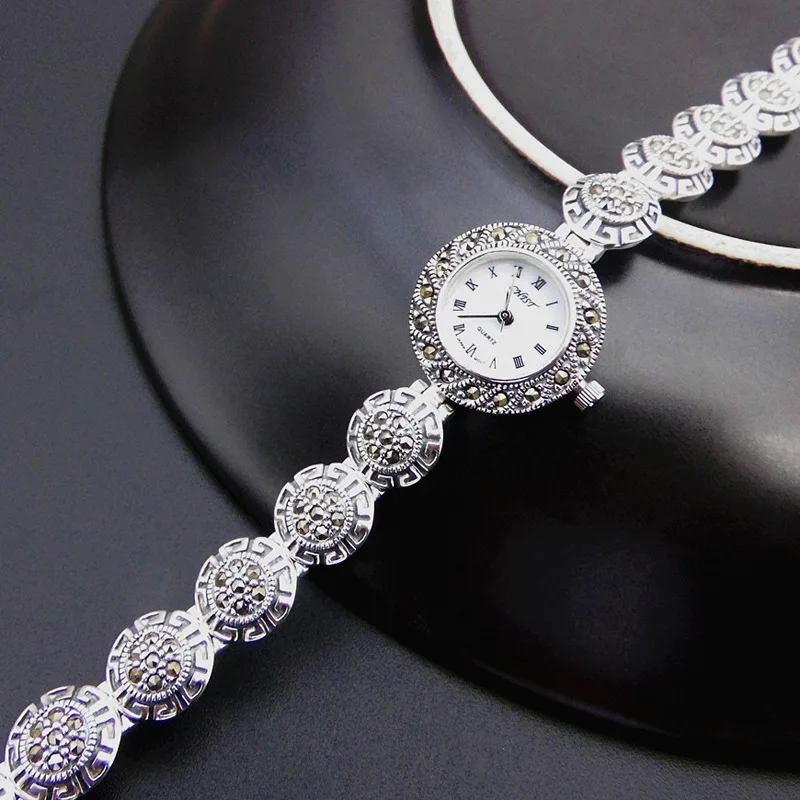 

S925 Sterling Silver Retro Thai Silver Watch Quartz Watch New Removable Section Female Bracelet