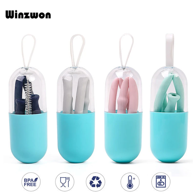 

1Set Silicone Collapsible Straw Reusable Glass Drinking Straws With Cleaning Brush Box For Home Party Drink Bar Accessories